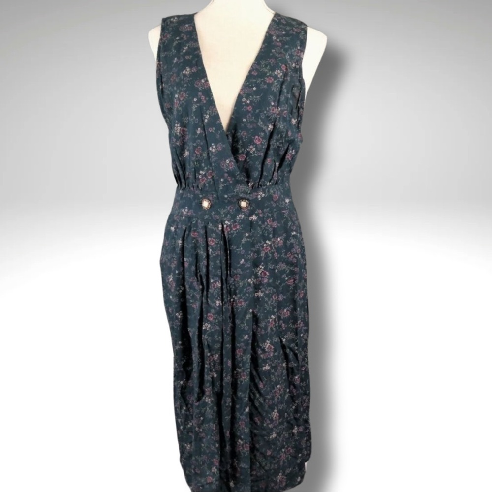 VTG 90s Rayon Floral Peasant Deep V Softly Pleated Bodice Dress 9/10 Juniors